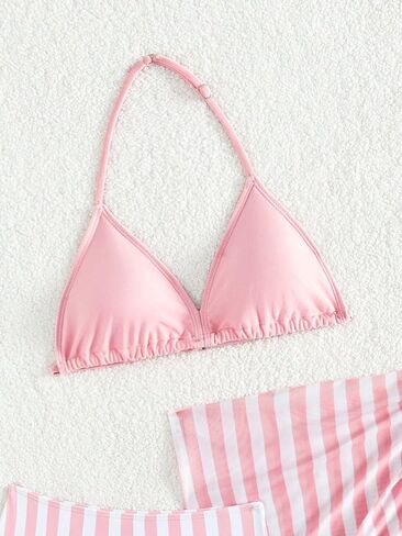 WDIRARA Girl's 3 Pieces Swimsuit Cute Striped Swimwear Halter Triangle Bikini Bathing Suit with Cover Up Skirt in Saudi Arabia