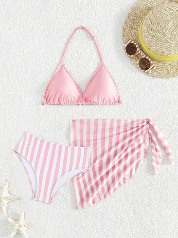 WDIRARA Girl's 3 Pieces Swimsuit Cute Striped Swimwear Halter Triangle Bikini Bathing Suit with Cover Up Skirt in Saudi Arabia
