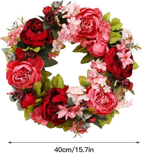 Spring Peony Flower Wreath for Front Door,16 Inch Artificial Silk Peony Wreath with Green Leaves, Summer Floral Garland for Wedding Party Home Wall Decor,Red in Saudi Arabia