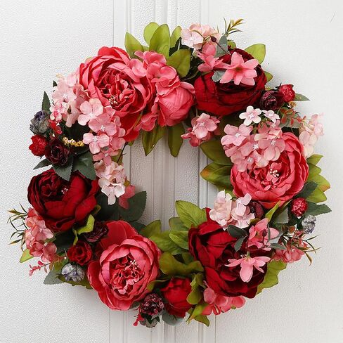 Spring Peony Flower Wreath for Front Door,16 Inch Artificial Silk Peony Wreath with Green Leaves, Summer Floral Garland for Wedding Party Home Wall Decor,Red in Saudi Arabia
