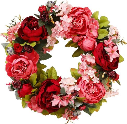 Spring Peony Flower Wreath for Front Door,16 Inch Artificial Silk Peony Wreath with Green Leaves, Summer Floral Garland for Wedding Party Home Wall Decor,Red in Saudi Arabia