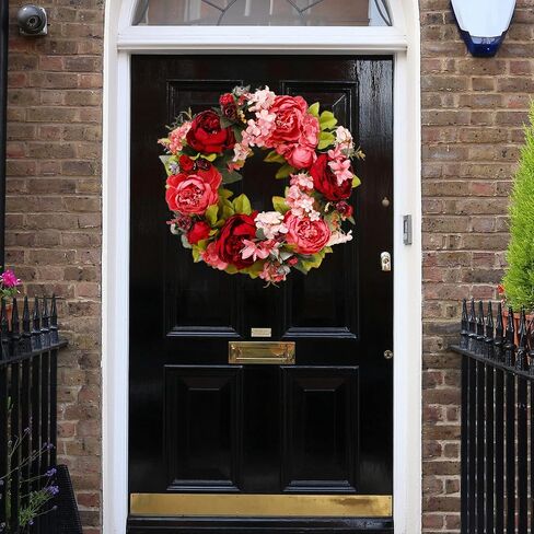 Spring Peony Flower Wreath for Front Door,16 Inch Artificial Silk Peony Wreath with Green Leaves, Summer Floral Garland for Wedding Party Home Wall Decor,Red in Saudi Arabia