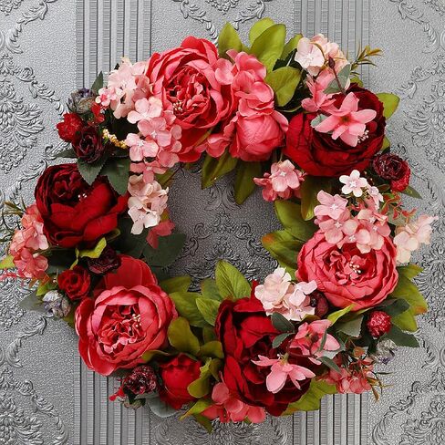 Spring Peony Flower Wreath for Front Door,16 Inch Artificial Silk Peony Wreath with Green Leaves, Summer Floral Garland for Wedding Party Home Wall Decor,Red in Saudi Arabia