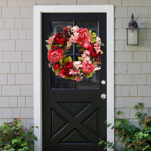 Spring Peony Flower Wreath for Front Door,16 Inch Artificial Silk Peony Wreath with Green Leaves, Summer Floral Garland for Wedding Party Home Wall Decor,Red in Saudi Arabia