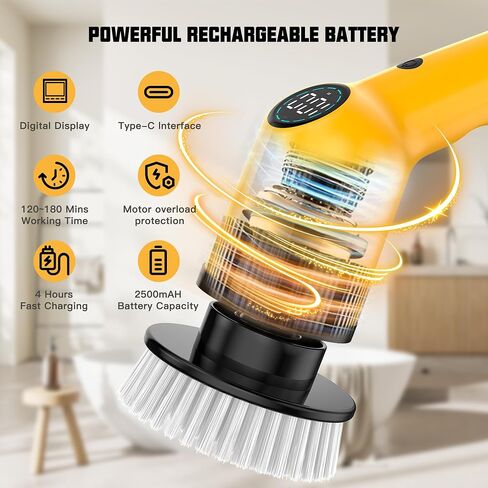 Electric Spin Scrubber Cleaning Brush - 3 Speed Adjustable Cordless Power Shower Cleaner with 4 Brush Heads and Long Handle for Bathroom Bathtub Floor Tub Tile Glass Grout in Saudi Arabia