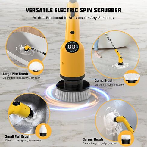 Electric Spin Scrubber Cleaning Brush - 3 Speed Adjustable Cordless Power Shower Cleaner with 4 Brush Heads and Long Handle for Bathroom Bathtub Floor Tub Tile Glass Grout in Saudi Arabia