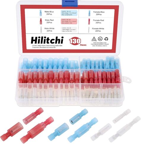 Hilitchi 130-Pcs 24-10AWG Assorted Nylon Fully Insulated Female & Male Bullet Butt Wire Crimp Connector Terminals Assortment Kit in Saudi Arabia