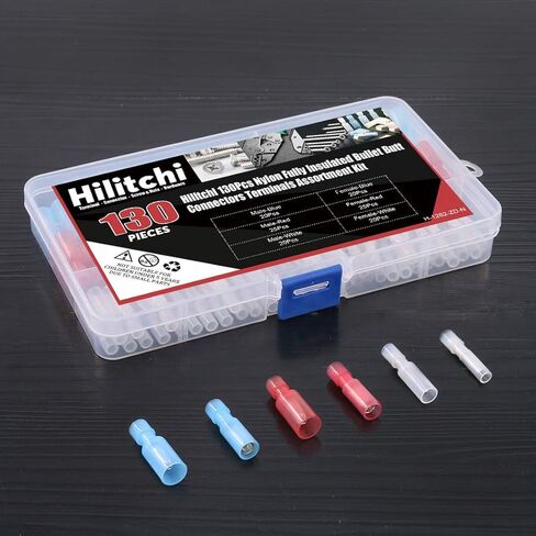 Hilitchi 130-Pcs 24-10AWG Assorted Nylon Fully Insulated Female & Male Bullet Butt Wire Crimp Connector Terminals Assortment Kit in Saudi Arabia