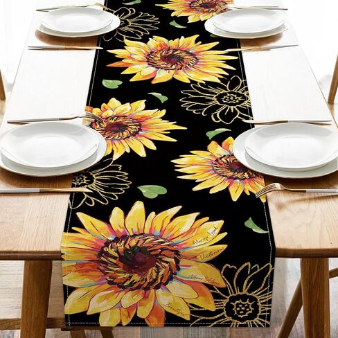 Seliem Spring Summer Sunflower Table Runner, Floral Flower Leaves Fall Autumn Black Kitchen Dining Table Decor, Seasonal Home Decoration Indoor Outdoor Party Supply 13 x 72 Inches in Saudi Arabia