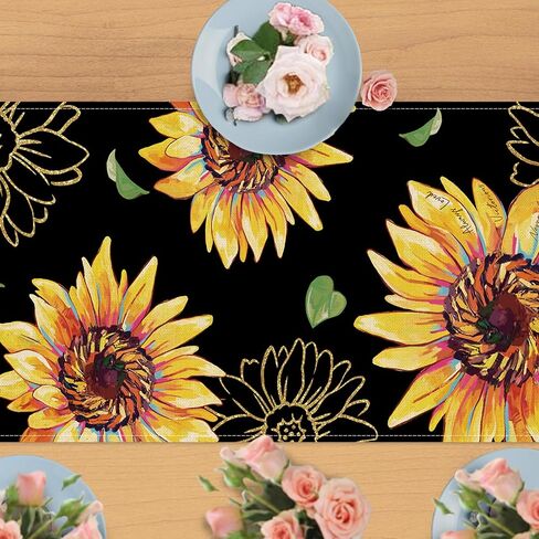 Seliem Spring Summer Sunflower Table Runner, Floral Flower Leaves Fall Autumn Black Kitchen Dining Table Decor, Seasonal Home Decoration Indoor Outdoor Party Supply 13 x 72 Inches in Saudi Arabia