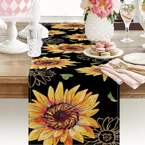 Seliem Spring Summer Sunflower Table Runner, Floral Flower Leaves Fall Autumn Black Kitchen Dining Table Decor, Seasonal Home Decoration Indoor Outdoor Party Supply 13 x 72 Inches in Saudi Arabia