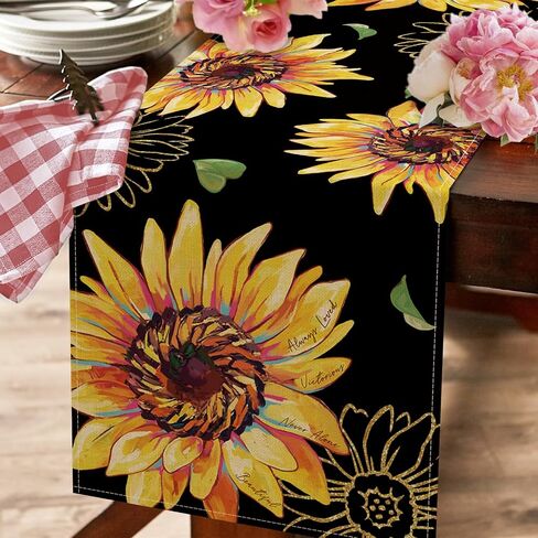 Seliem Spring Summer Sunflower Table Runner, Floral Flower Leaves Fall Autumn Black Kitchen Dining Table Decor, Seasonal Home Decoration Indoor Outdoor Party Supply 13 x 72 Inches in Saudi Arabia