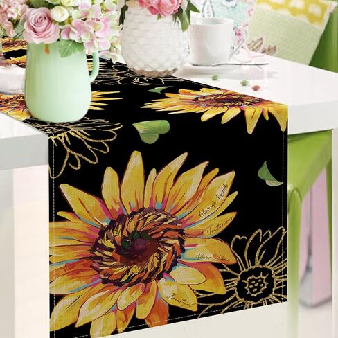 Seliem Spring Summer Sunflower Table Runner, Floral Flower Leaves Fall Autumn Black Kitchen Dining Table Decor, Seasonal Home Decoration Indoor Outdoor Party Supply 13 x 72 Inches in Saudi Arabia