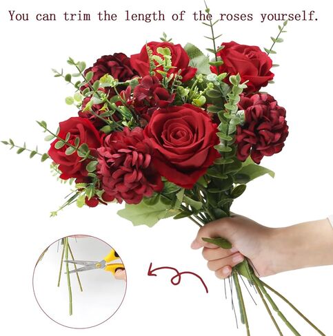 XHXSTORE باقة زهور صناعية تشكيلة زهور حريرية زهور صناعية حمراء ورود وهمية مع كوبية لديكور المنزل في عيد الأب ديكور تحف الزفاف الداخلي in Kuwait