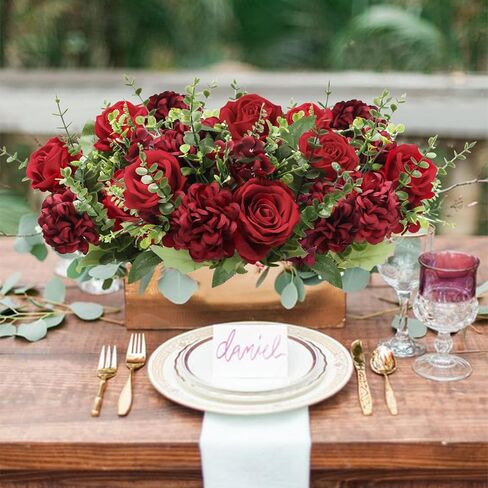 XHXSTORE باقة زهور صناعية تشكيلة زهور حريرية زهور صناعية حمراء ورود وهمية مع كوبية لديكور المنزل في عيد الأب ديكور تحف الزفاف الداخلي in Kuwait
