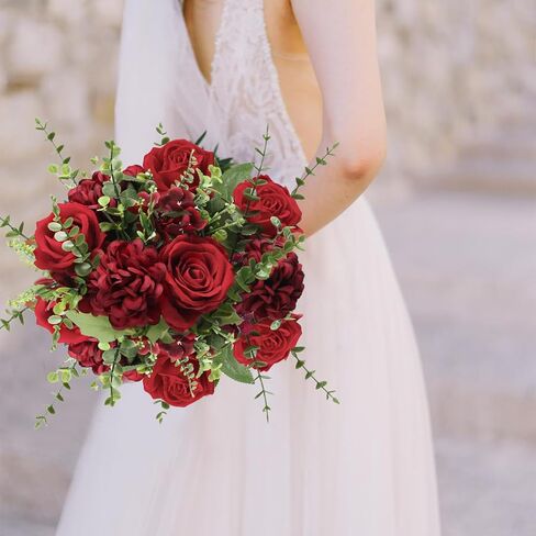 XHXSTORE باقة زهور صناعية تشكيلة زهور حريرية زهور صناعية حمراء ورود وهمية مع كوبية لديكور المنزل في عيد الأب ديكور تحف الزفاف الداخلي in Kuwait