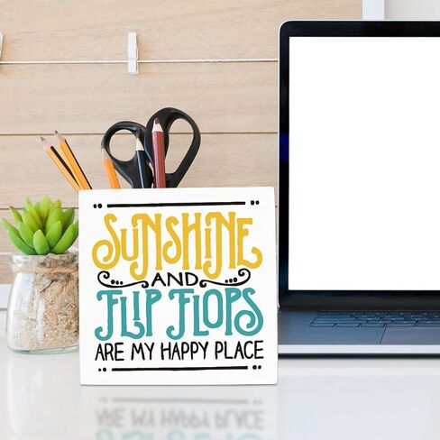 Summer Decor, Summer Decorations for Home Office, Summer Decorations, Summer Sign, Sunshine and Flip Flops Are My Happy Place Sign, Summer Office Desk Decor 5 X 5 Inch in Saudi Arabia
