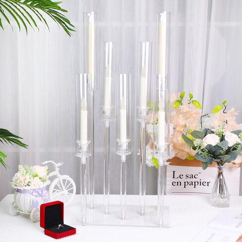 Hushee 4 Sets 7 Arm Candelabra Candle Holder Acrylic Candelabra Centerpieces for Table Clear Candlesticks Holder Crystal Candle Holders for Dinner Party Tables Fireplace Decoration Fit 0.87 LED Candle in Saudi Arabia