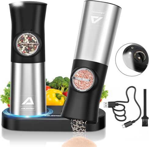 ABLEGRID Gravity Electric Salt and Pepper Grinder Set,Rechargeable Automatic Salt & Pepper Mill Grinders Refillable,Coarseness Adjustable,Stainless Steel,with USB-C Charging Base,LED Light,Dust Cap in Saudi Arabia