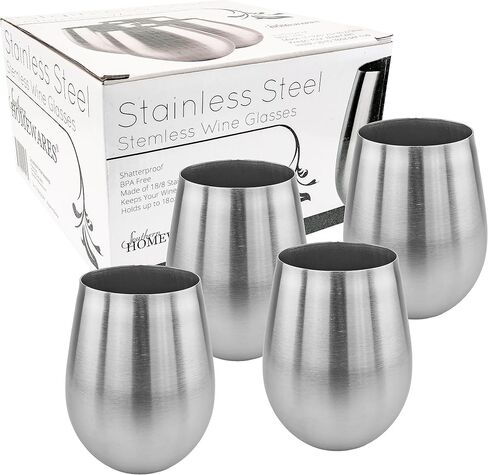 Southern Homewares Stainless Steel Stemless Wine Glass 18oz 18/8 Stainless Shatterproof Metal Unbreakable Vino Cup Set of 4 in Kuwait
