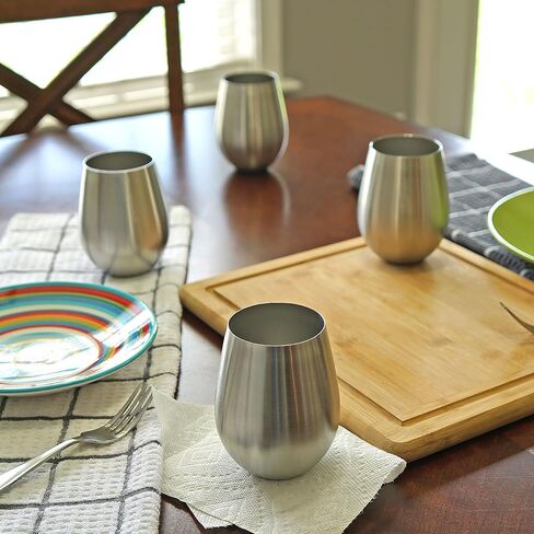 Southern Homewares Stainless Steel Stemless Wine Glass 18oz 18/8 Stainless Shatterproof Metal Unbreakable Vino Cup Set of 4 in Kuwait