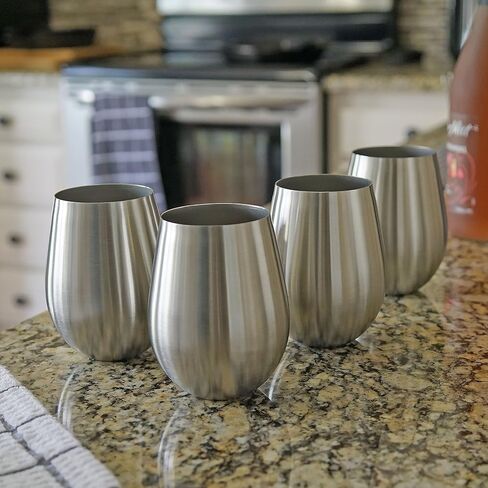Southern Homewares Stainless Steel Stemless Wine Glass 18oz 18/8 Stainless Shatterproof Metal Unbreakable Vino Cup Set of 4 in Kuwait
