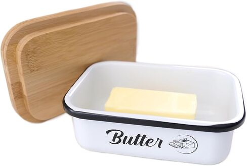 Butter Container | Enameled Tin Large Butter Dish with Lid for Countertop | Covered Butter Dish with Lid, Butter Dish with Bamboo Lid for Refrigerator | Butter Dish Container - White in Saudi Arabia