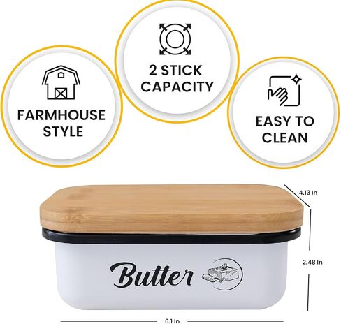Butter Container | Enameled Tin Large Butter Dish with Lid for Countertop | Covered Butter Dish with Lid, Butter Dish with Bamboo Lid for Refrigerator | Butter Dish Container - White in Saudi Arabia