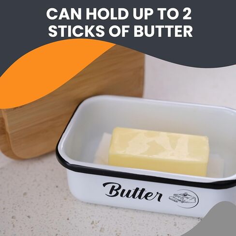 Butter Container | Enameled Tin Large Butter Dish with Lid for Countertop | Covered Butter Dish with Lid, Butter Dish with Bamboo Lid for Refrigerator | Butter Dish Container - White in Saudi Arabia