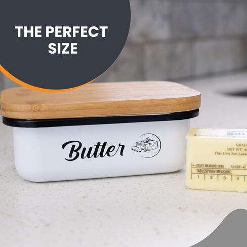 Butter Container | Enameled Tin Large Butter Dish with Lid for Countertop | Covered Butter Dish with Lid, Butter Dish with Bamboo Lid for Refrigerator | Butter Dish Container - White in Saudi Arabia