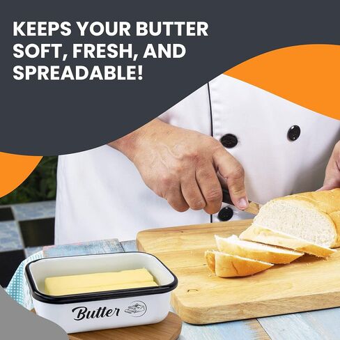 Butter Container | Enameled Tin Large Butter Dish with Lid for Countertop | Covered Butter Dish with Lid, Butter Dish with Bamboo Lid for Refrigerator | Butter Dish Container - White in Saudi Arabia