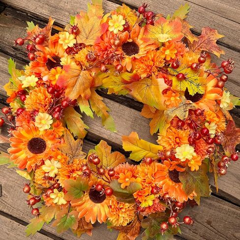 Fall Wreath Decor, 20" Fall Wreaths for Front Door with Blooming Silk Sunflowers, Marigolds, Daisies, Lifelike Berries & Maple Leaves, Autumn Fall Door Wreath with Lights for Thanksgiving Home Decor in Saudi Arabia