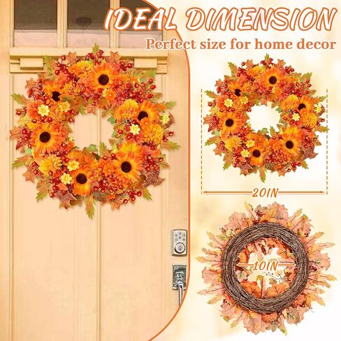 Fall Wreath Decor, 20" Fall Wreaths for Front Door with Blooming Silk Sunflowers, Marigolds, Daisies, Lifelike Berries & Maple Leaves, Autumn Fall Door Wreath with Lights for Thanksgiving Home Decor in Saudi Arabia
