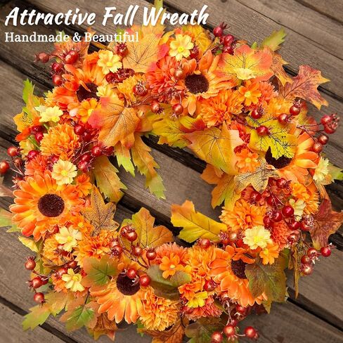 Fall Wreath Decor, 20" Fall Wreaths for Front Door with Blooming Silk Sunflowers, Marigolds, Daisies, Lifelike Berries & Maple Leaves, Autumn Fall Door Wreath with Lights for Thanksgiving Home Decor in Saudi Arabia