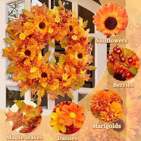 Fall Wreath Decor, 20" Fall Wreaths for Front Door with Blooming Silk Sunflowers, Marigolds, Daisies, Lifelike Berries & Maple Leaves, Autumn Fall Door Wreath with Lights for Thanksgiving Home Decor in Saudi Arabia