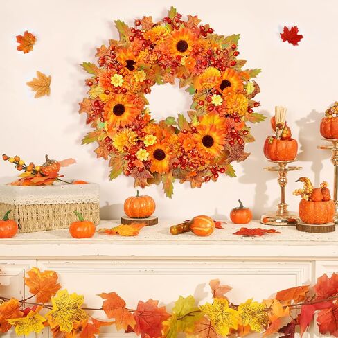 Fall Wreath Decor, 20" Fall Wreaths for Front Door with Blooming Silk Sunflowers, Marigolds, Daisies, Lifelike Berries & Maple Leaves, Autumn Fall Door Wreath with Lights for Thanksgiving Home Decor in Saudi Arabia
