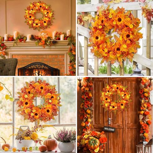 Fall Wreath Decor, 20" Fall Wreaths for Front Door with Blooming Silk Sunflowers, Marigolds, Daisies, Lifelike Berries & Maple Leaves, Autumn Fall Door Wreath with Lights for Thanksgiving Home Decor in Saudi Arabia