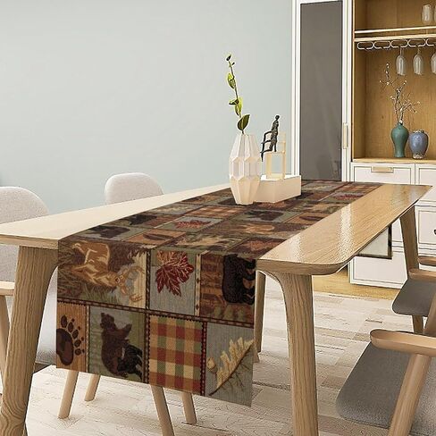 Rustic Moose Deer Bear Table Runner, Retro Vintage Bear Cottage Country Style Cabin Farmhouse Dinner Runner for Home Kitchen Dining Table Decoration 13"x36" in Saudi Arabia