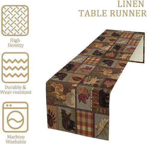 Rustic Moose Deer Bear Table Runner, Retro Vintage Bear Cottage Country Style Cabin Farmhouse Dinner Runner for Home Kitchen Dining Table Decoration 13"x36" in Saudi Arabia