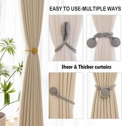 Curtain Tiebacks Magnetic Rope Curtain Tie Backs for Curtains 2 Pack Handmade Outdoor Window Curtain Holdbacks for Drapes, Grey in Saudi Arabia