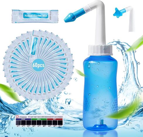 Neti Pot Sinus Rinse Bottle Nose Wash Cleaner Pressure Rinse Nasal Irrigation with 60 Nasal Wash Saline Packets & 300 ML Neti Bottle Refill Kit Idea and Sticker Thermometer for Adult & Kid (Blue) in Saudi Arabia