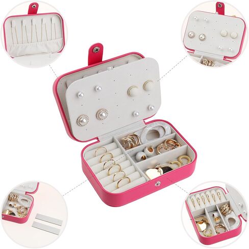 uxcell Travel Jewelry Box for Women, Teen Girl Gifts, Portable Leather Jewelry Organizer Case Storage Display Holder 16x11x5cm Rose Red in Saudi Arabia