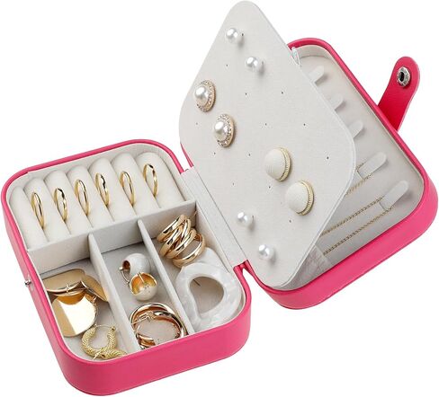 uxcell Travel Jewelry Box for Women, Teen Girl Gifts, Portable Leather Jewelry Organizer Case Storage Display Holder 16x11x5cm Rose Red in Saudi Arabia