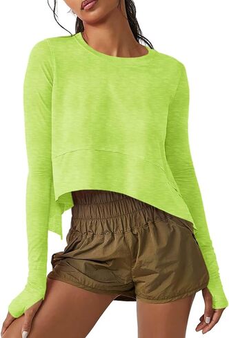 Aurgelmir Womens Long Sleeve Cropped Tops Loose Workout Athletic T-Shirts Flowy Sweatshirt for Yoga Tiered Hem Gym Tees in Saudi Arabia