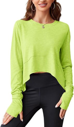 Aurgelmir Womens Long Sleeve Cropped Tops Loose Workout Athletic T-Shirts Flowy Sweatshirt for Yoga Tiered Hem Gym Tees in Saudi Arabia
