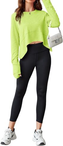 Aurgelmir Womens Long Sleeve Cropped Tops Loose Workout Athletic T-Shirts Flowy Sweatshirt for Yoga Tiered Hem Gym Tees in Saudi Arabia