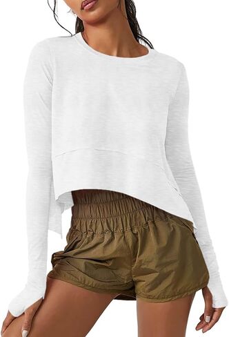 Aurgelmir Womens Long Sleeve Cropped Tops Loose Workout Athletic T-Shirts Flowy Sweatshirt for Yoga Tiered Hem Gym Tees in Saudi Arabia