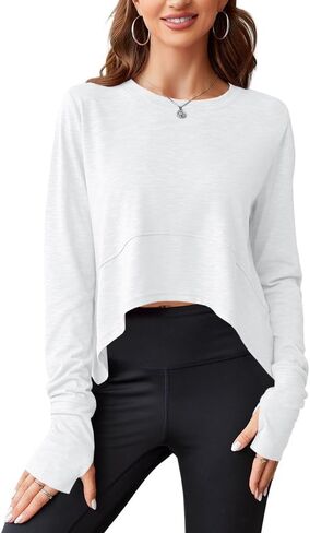 Aurgelmir Womens Long Sleeve Cropped Tops Loose Workout Athletic T-Shirts Flowy Sweatshirt for Yoga Tiered Hem Gym Tees in Saudi Arabia