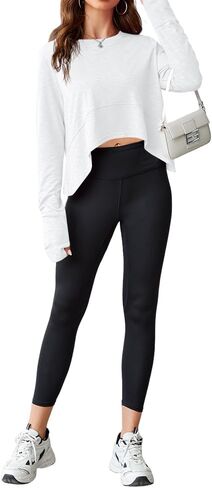 Aurgelmir Womens Long Sleeve Cropped Tops Loose Workout Athletic T-Shirts Flowy Sweatshirt for Yoga Tiered Hem Gym Tees in Saudi Arabia