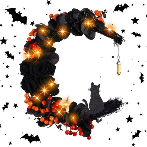 Halloween Wreaths Moon Cat Wreath with Rose Cat Door Wreath Cute Cat Garland Light up Moon Cat Wreath with Rose for Front Door Indoor Outdoor Window Farmhouse Porch Wall (Orange Berry) in Kuwait